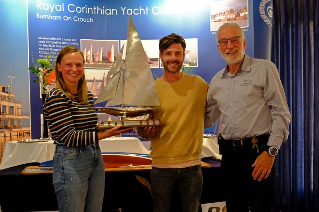 Edwin Buckley, race director, presents the solid silver Endeavour Trophy to Luke Patience and Mary Henderson – photo Roger Mant
