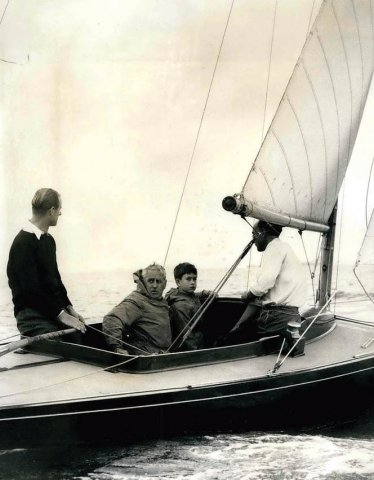 Uffa Fox sailing with the Duke of Edinburgh and a young Prince Charles