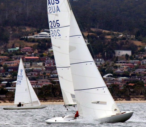 Whimsical leading fellow Sydney boat Indulgence on a windy Port Philip. Photo: International Dragon Class of Australia.