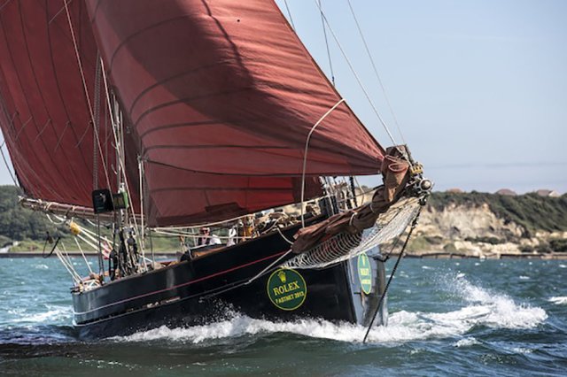 The only boat ever to win three Fastnet Races: Jolie Brise. Photo by ROLEX/Daniel Forster