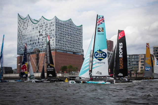 The fleet race in front of the Elbphilharmonie in Hamburg. Photo by Jesus Renedo / OC Sport