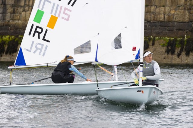 Annalise Murphy and fellow Toyko contender Aoife Hopkins in action on Dun Laoghaire Harbour. 