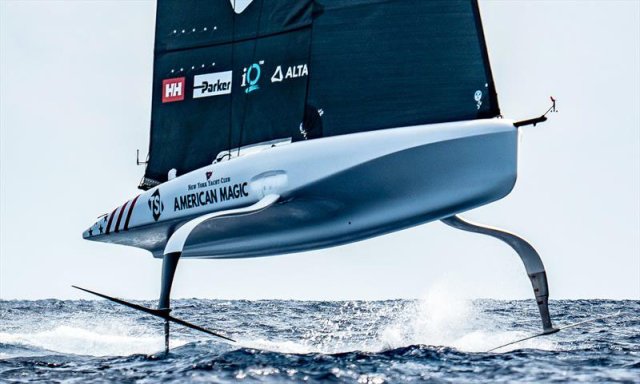 American Magic leaps clear of the water - A nosedive followed - - AC40 - Day 60 - Barcelona - August 30, 2023 © Paul Todd/America's Cup
